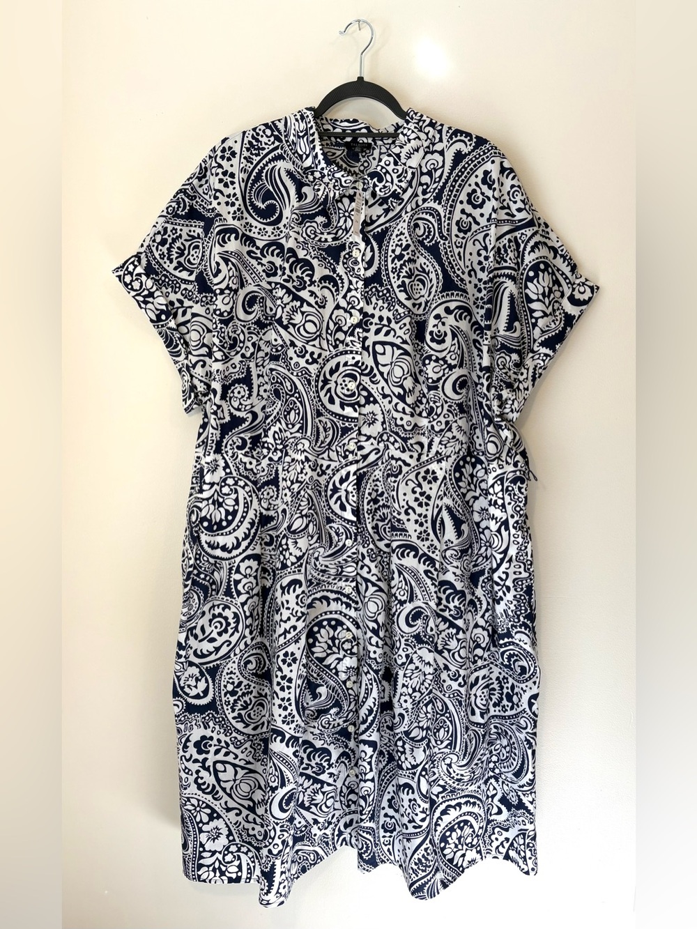 Talbots Plus 24W Cotton Shirt Dress NWT Navy Paisley Button Front Belted - Picture 2 of 7